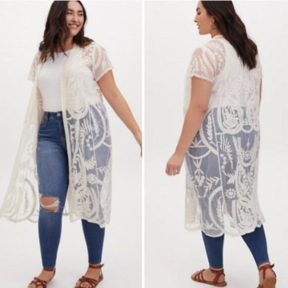 Torrid White Mesh Embroidered Longline Kimono Size 1/2 - Picture 1 of 6